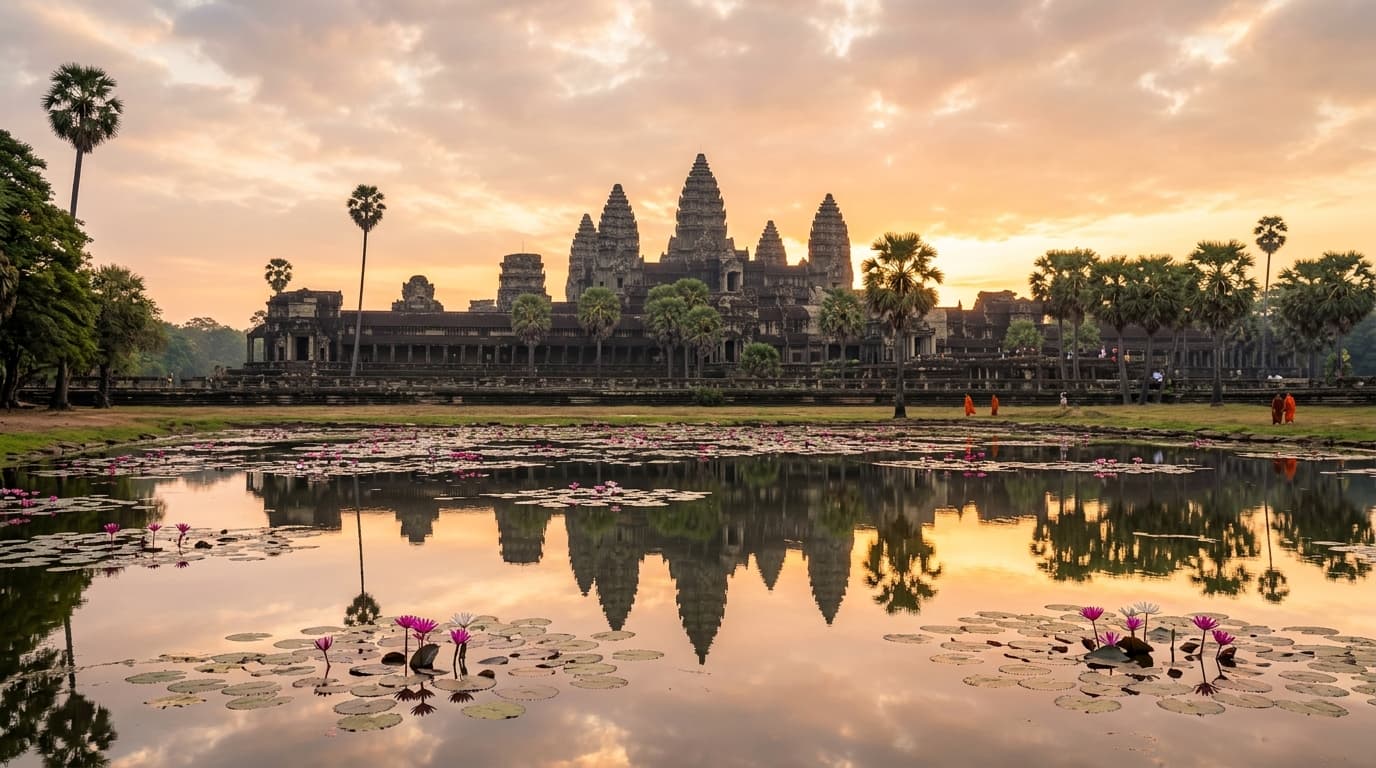 Sunrise over Angkor Wat Temple Complex in Cambodia